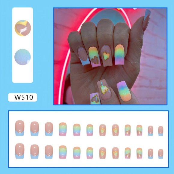 💅🏻NEW | Colorful Heart Medium Square Press On Fake Nails | Luxury Ombré 🦄🌈 - Picture 3 of 5
